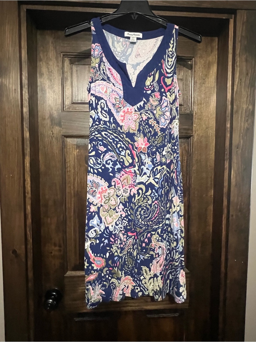Tommy Bahama Navy Blue Floral Paisley Midi Dress with Pink Accents